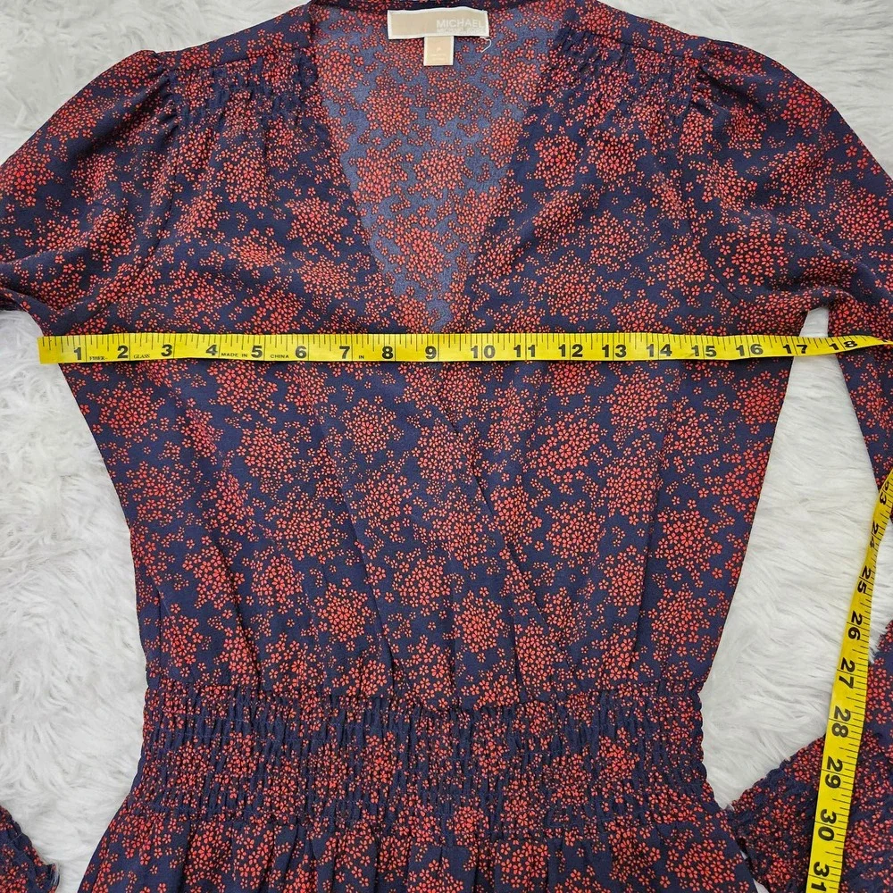 Michael Kors Navy Blue & Red Floral V-neck Long‎ Sleeve Layered Dress. Size P/2